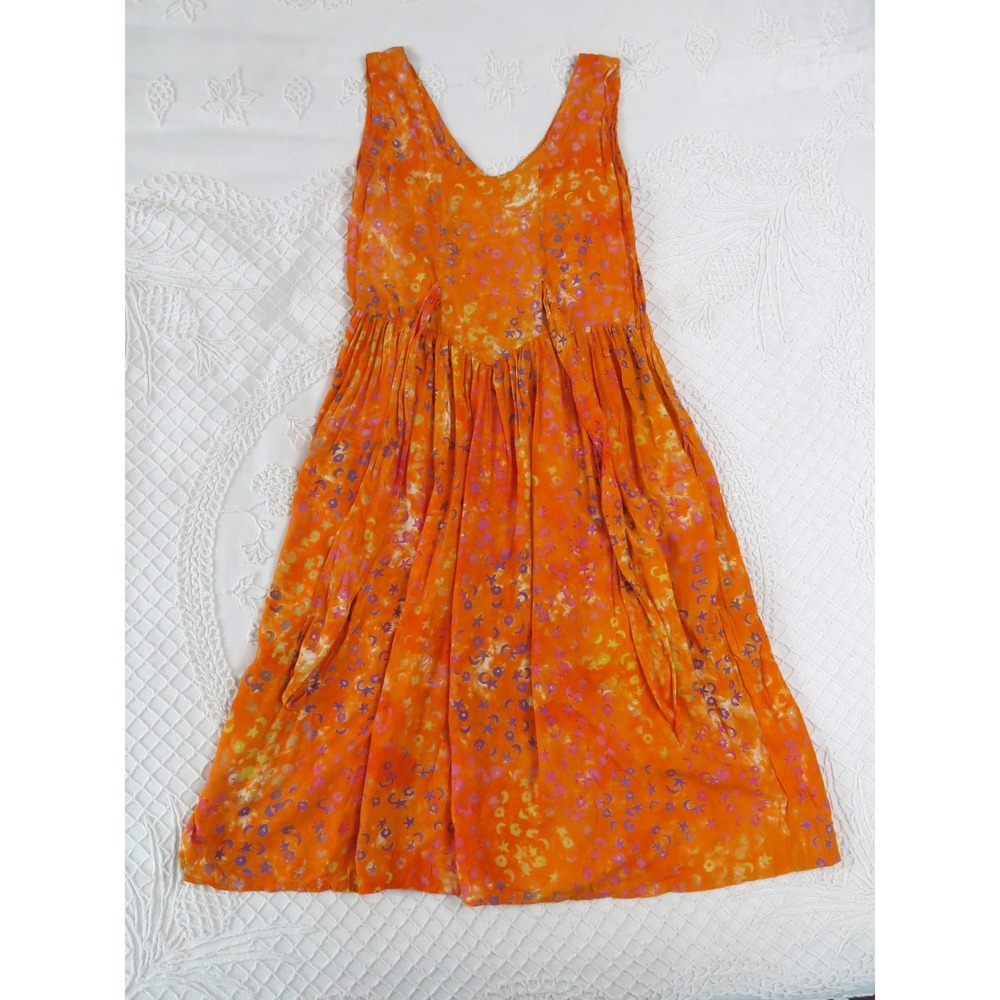Kimberleys Travels Orange Celestial Moon Star Batik Rayon Midi Dress Medium